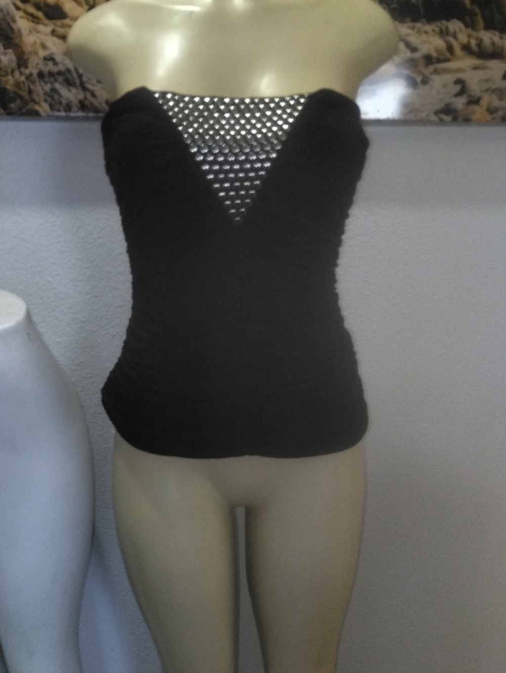 Metro Park Strapless Black Studded Mesh Inset Top